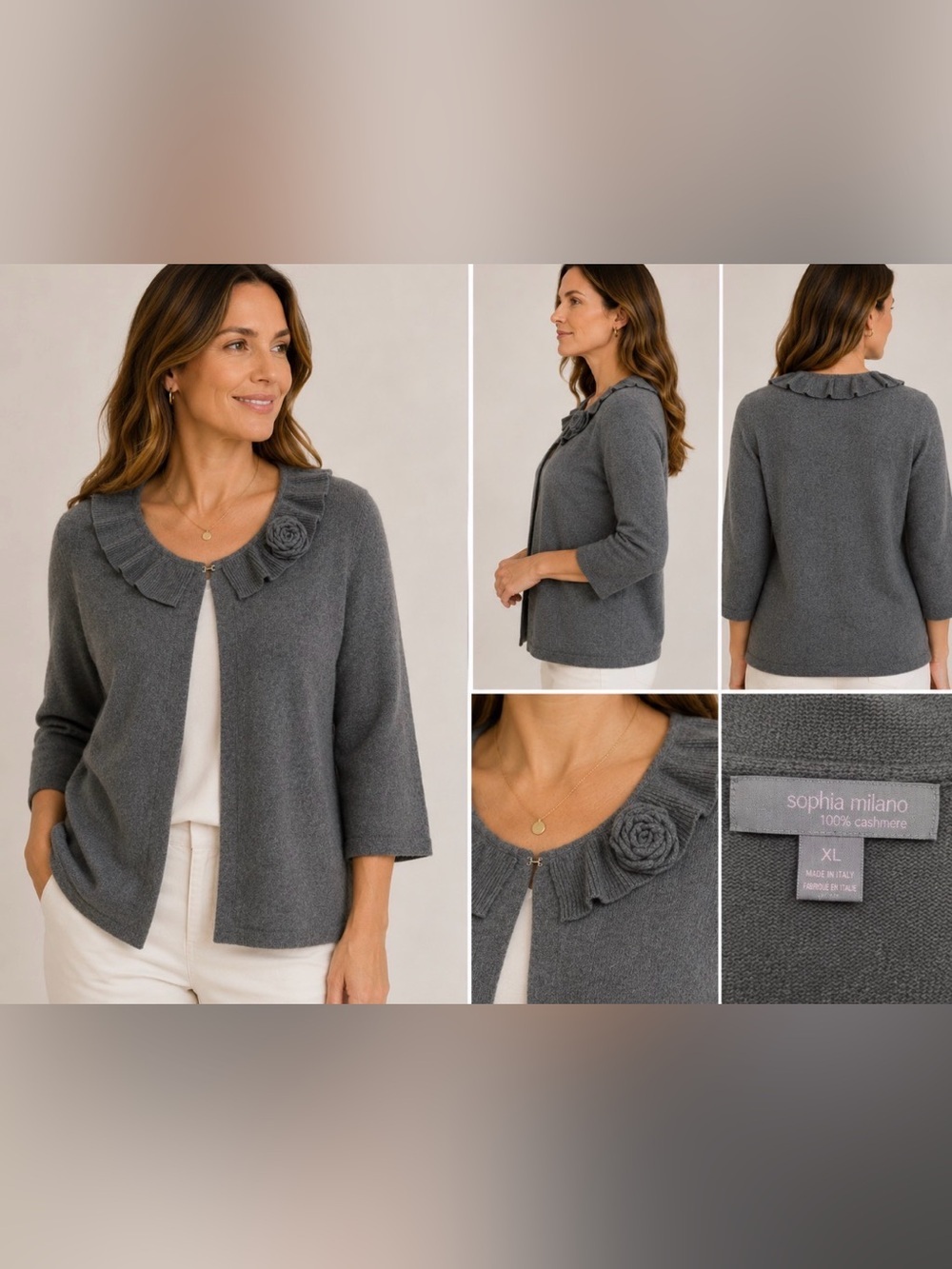 Sophia Milano Women XL 100% Cashmere Cardigan Gray Ruffle Rosette Made Italy